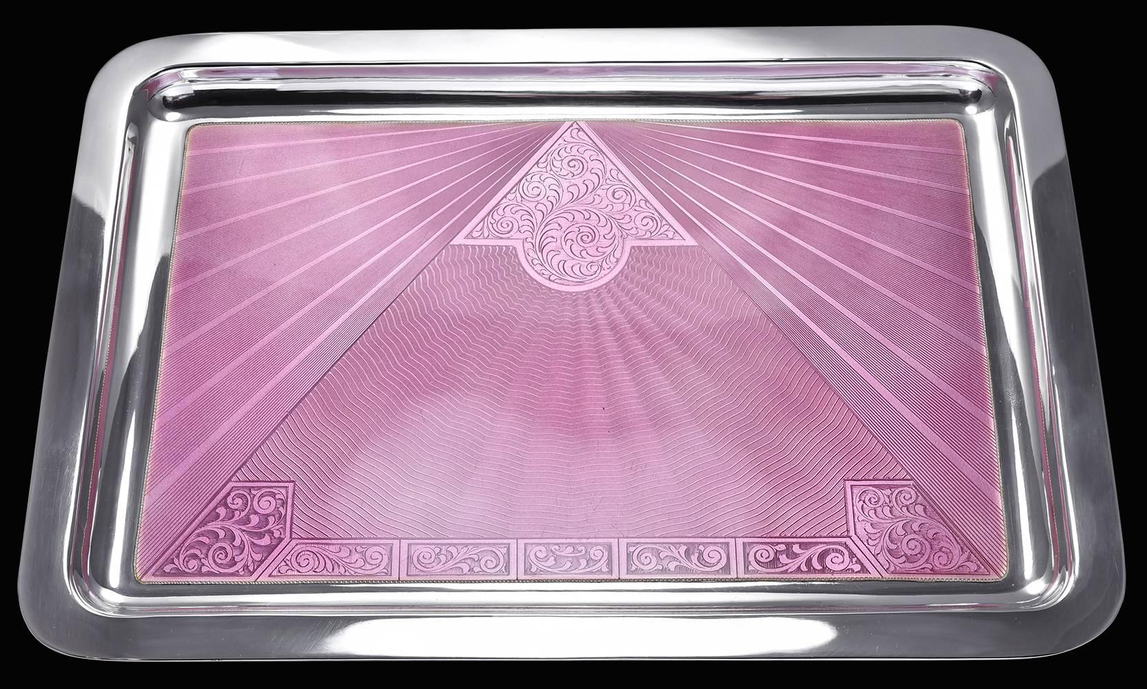 Most superior guilloche enamel and sterling silver tray.  Sensuous swirls of pink enamel, set off with radiating engine-turned lines. Beautifully conceived and executed. 11