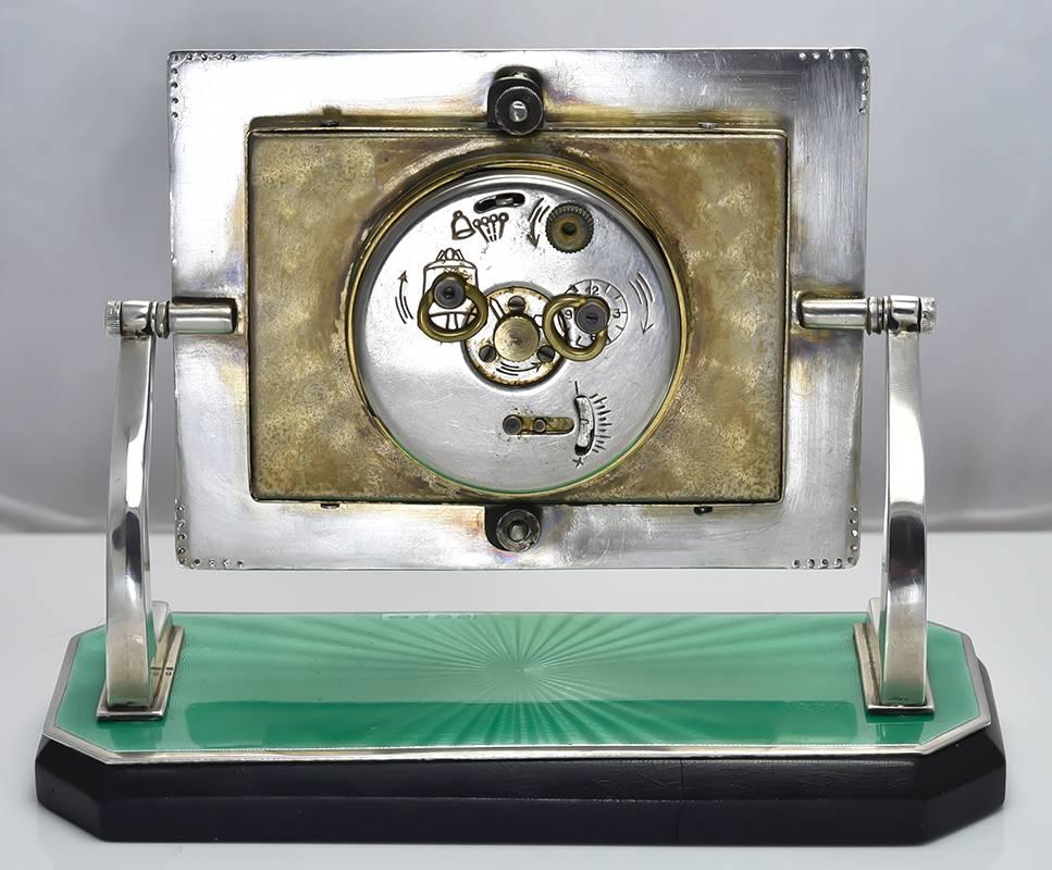 Asprey Art Deco Enamel Emerald Diamond Silver Desk Clock In Excellent Condition In New York, NY