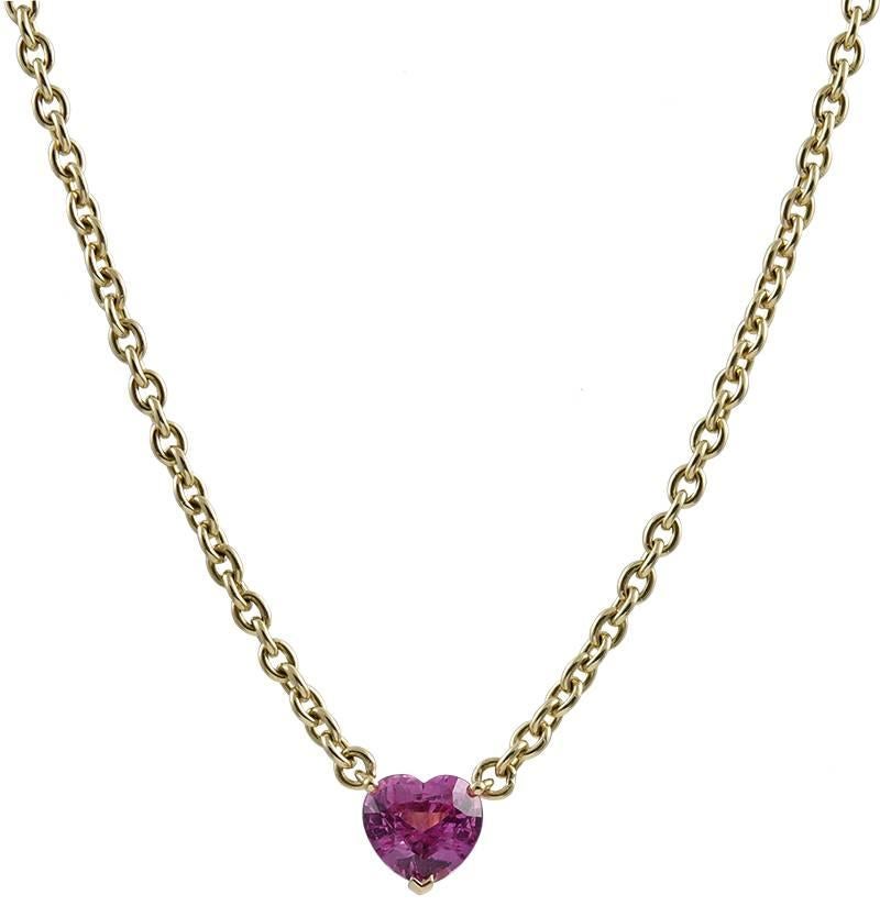 Simply beautiful faceted pink sapphire figural heart drop.  Made and signed by CARTIER.  On a signature Cartier 18K yellow gold 26