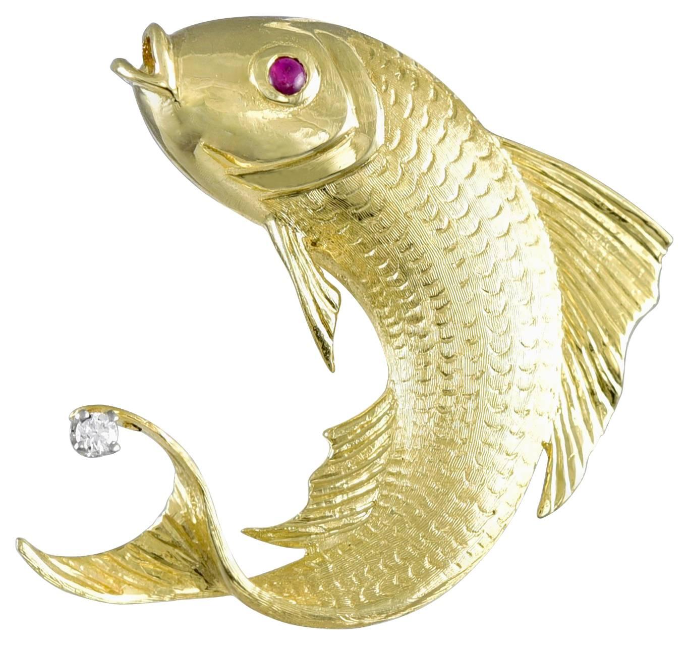 Cellino Leaping Ruby Diamond Gold Fish Brooch For Sale