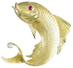 Retro Cellino Leaping Ruby Diamond Gold Fish Brooch