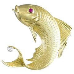 Cellino Leaping Ruby Diamond Gold Fish Brooch 1