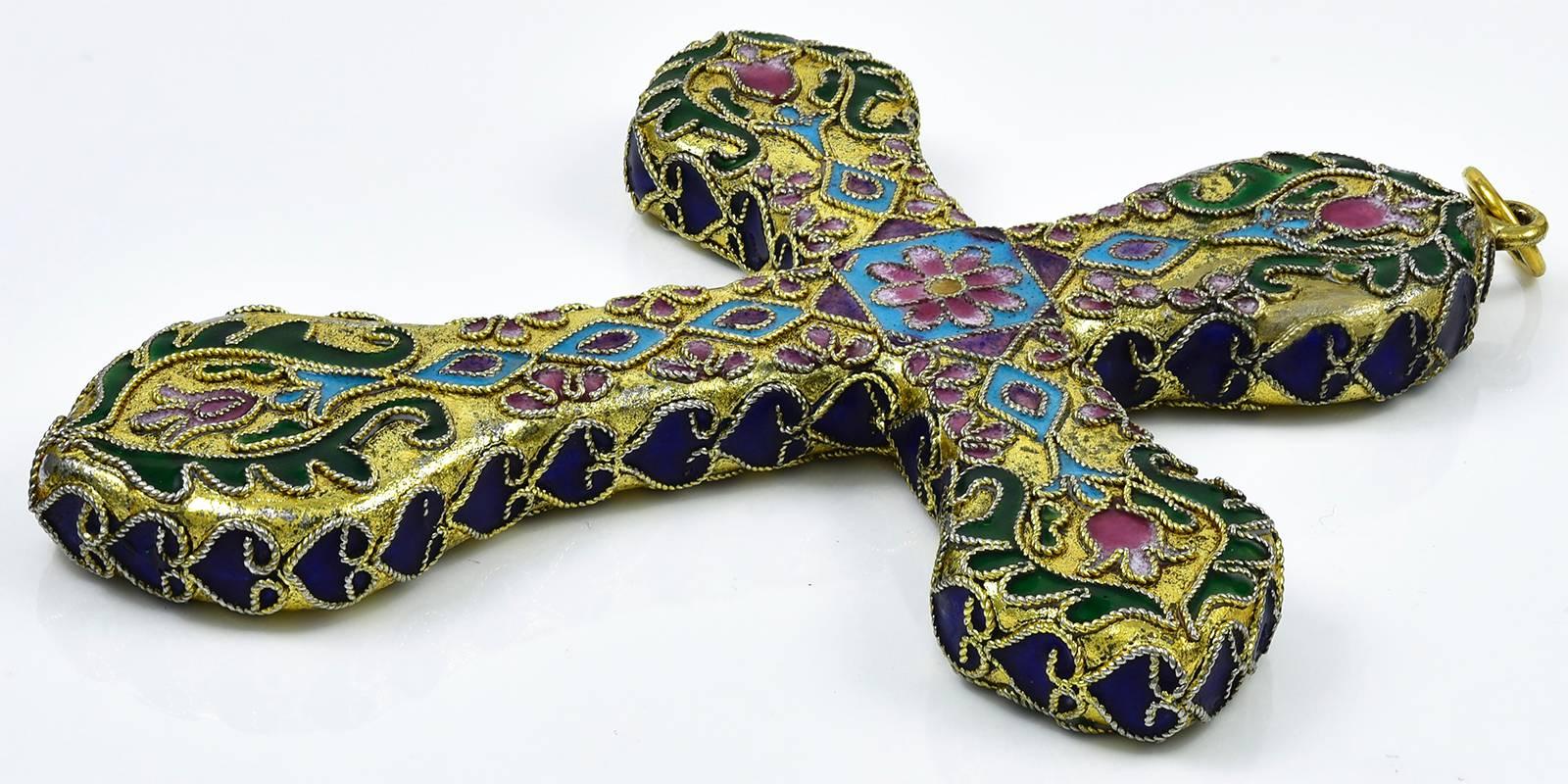 Large antique cross.  Brass, with allover intricate enamel pattern. Brilliant coloring.  4 7/8
