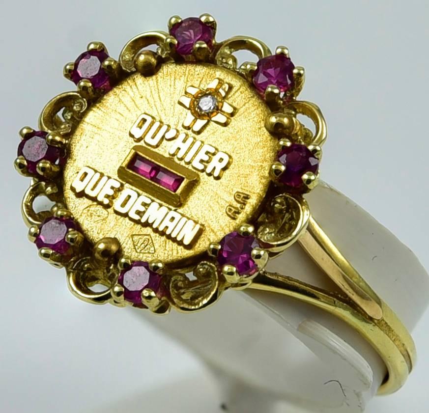 Lovely and sentimental French ring with diamond plus sign and ruby minus sign -- 