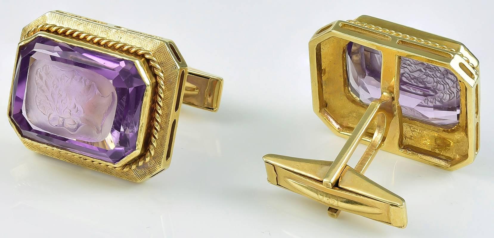 Large estate cufflinks.  Amethysts, with carved Roman heads in profile.   Rectangular with cut corners.  Solid 14K yellow gold, with an applied rope twist border.  3/4