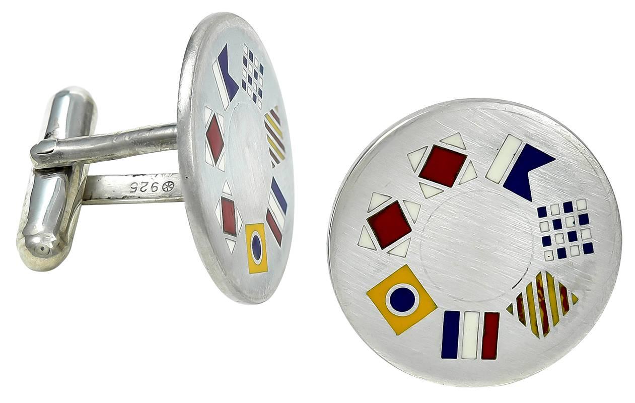 Tiffany & Co. Enamel Sterling Silver Nautical Cuff Links In Excellent Condition In New York, NY