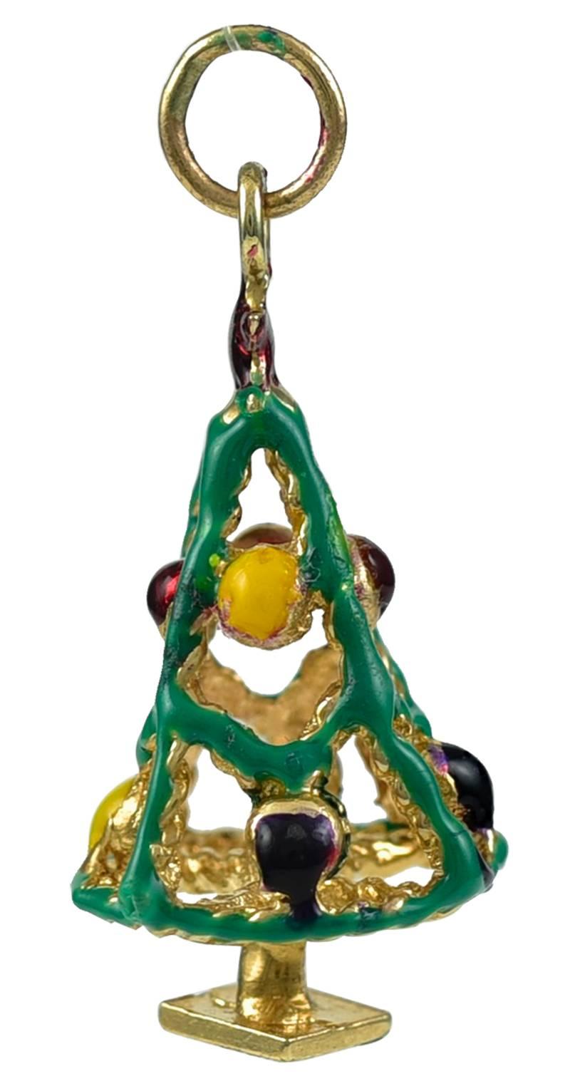 Figural Christmas Tree charm, 14K yellow gold, decorated with enamel in a pretty cut-out pattern.  Red enamel star on top. 1