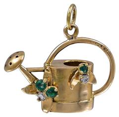 Vintage Gold Watering Can Charm with Two Gemset Bees