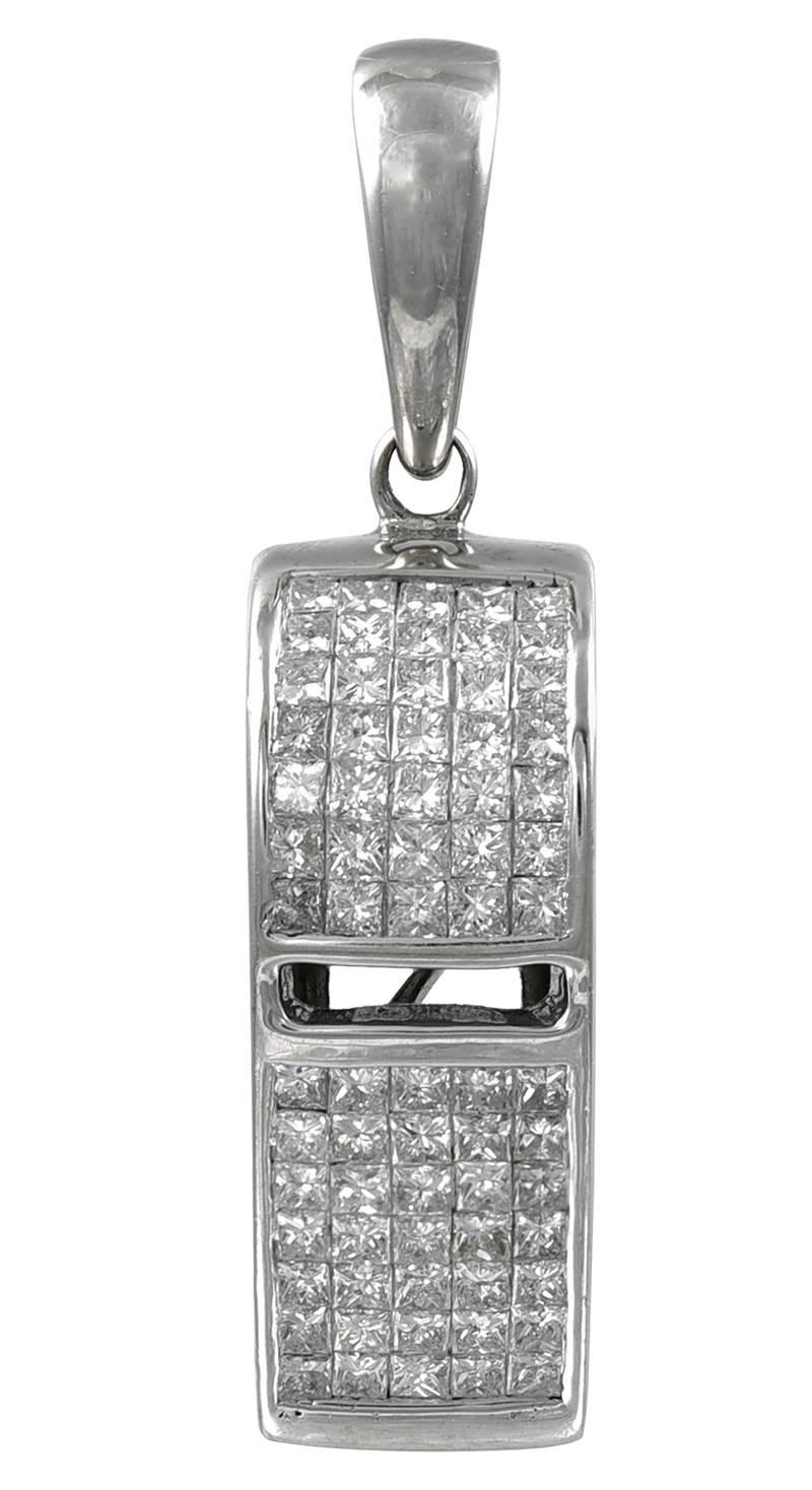 Figural "whistle" encrusted with approximately one carat of  diamonds.  14K white gold.  3/4" x 1/2."  

Alice Kwartler has sold the finest antique gold and diamond jewelry and silver for over forty years.