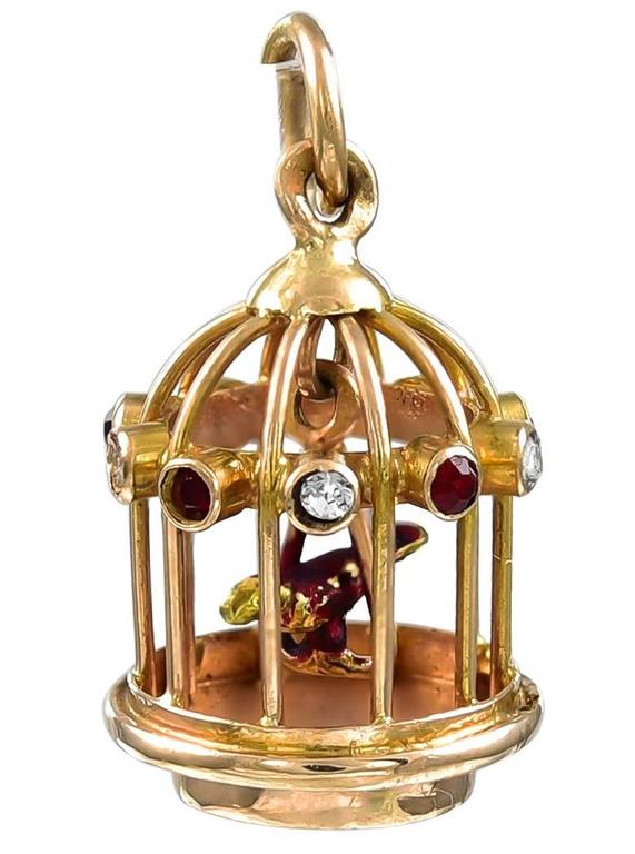 Gold Ruby and Diamond Bird in Birdcage Charm at 1stDibs