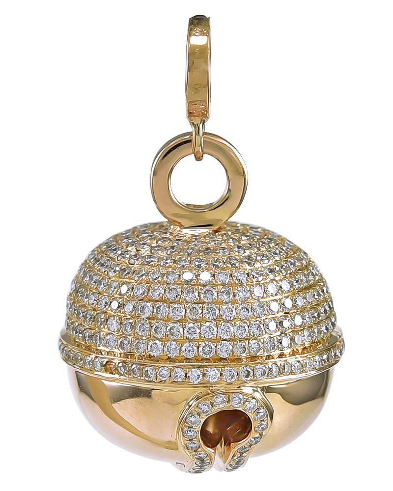 Glamorous figural "bell" encrusted with 2.00 carats of brilliant diamonds.  18K rose gold; exceptionally heavy gauge gold.  Diamond loop and bail.  3/4" in diameter.  Has a soft ring.  A beautiful pendant or charm.

Alice Kwartler has