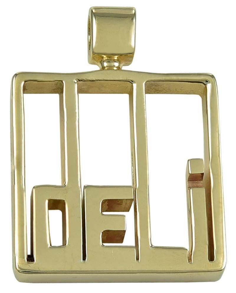 A fun charm:  "deli" spelled out in Roman letters, in an openwork frame.  Heavy gauge 14K yellow gold.  1" x 3/4."

Alice Kwartler has sold the finest antique gold and diamond jewelry and silver for over forty years.