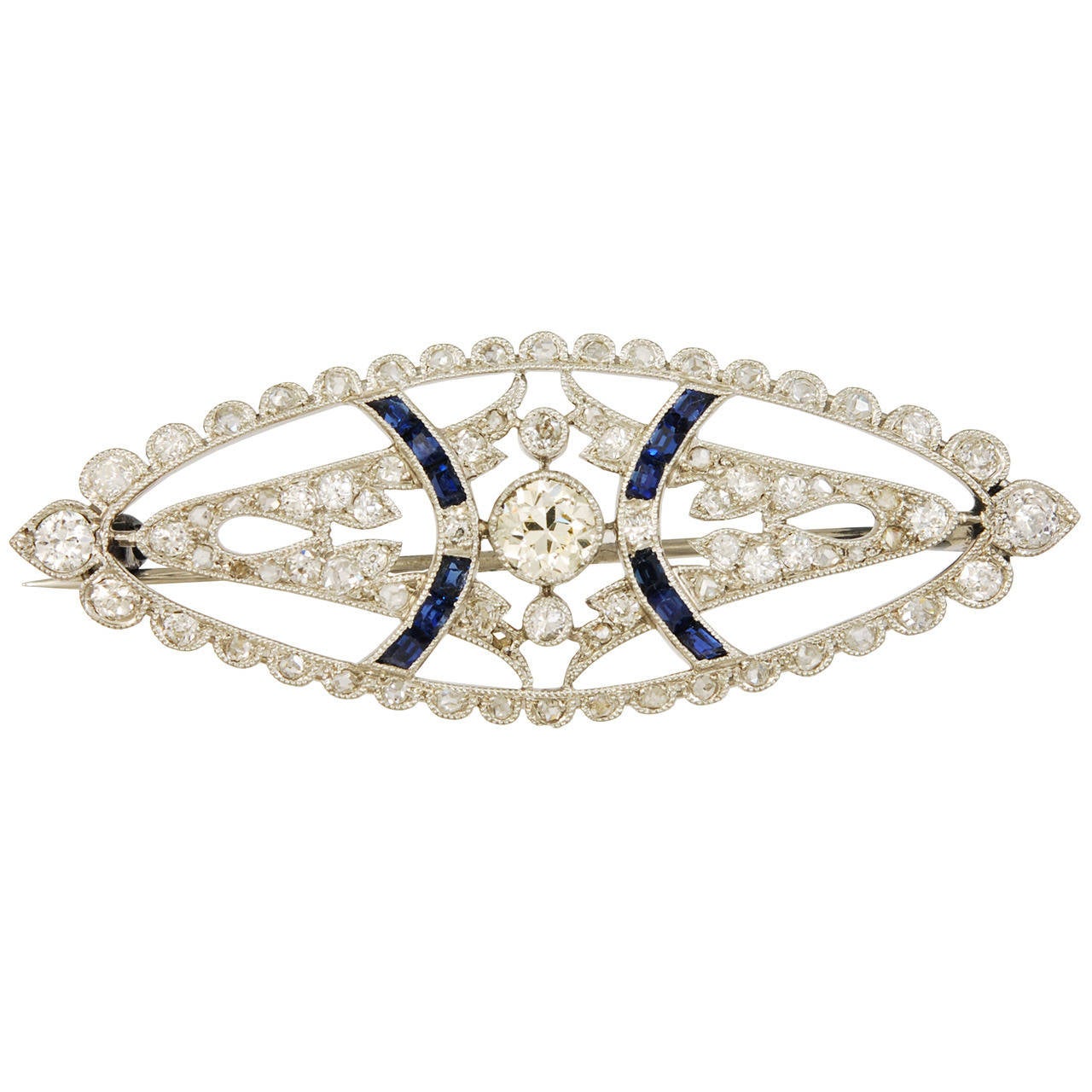 Antique French Sapphire Diamond Platinum Brooch For Sale at 1stdibs