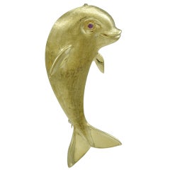 Smiling Dolphin Ruby Gold Pin