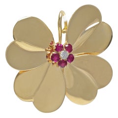 Vintage Ruby Diamond Gold Four Leaf Clover Pin