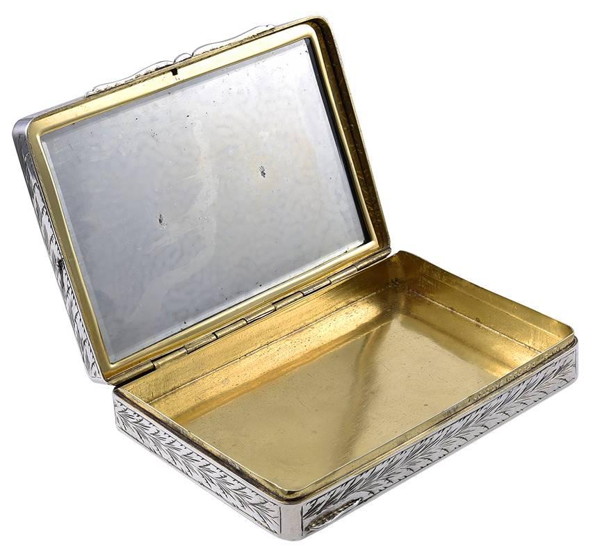 Beautiful hinged case.  Made and signed by Lacloche Freres Paris.  Sterling silver.  Allover engraved on sides and bottom.  The lid is beveled cobalt glass, with an applied basket of flowers, set with marcasites.  Gilt interior.  3 1/4" x 2