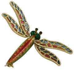 Antique Plique a Jour and Enamel Gold Dragonfly Pin