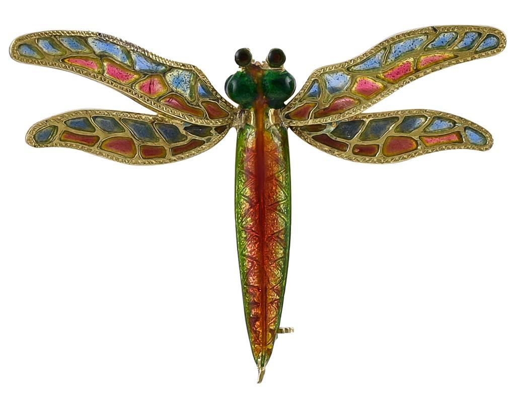 Beautiful figural "dragonfly" pin.  18K yellow gold, with an enamel body and head and plique a jour wings.  Brilliant coloring.  2 1/4" x 1 1/2."

Alice Kwartler has sold the finest antique gold and diamond jewelry and silver for