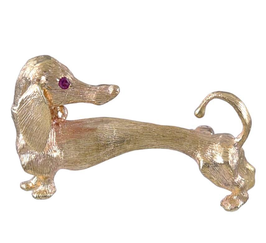 Liebenswerte Anstecknadel in Form eines Dackels.  Texturiertes 14-karätiges Gelbgold, besetzt mit einem hellen, facettierten Rubinauge.  1 1/3