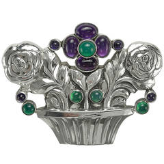 Georg Jensen Gem Set Sterling Flower Basket Brooch 12