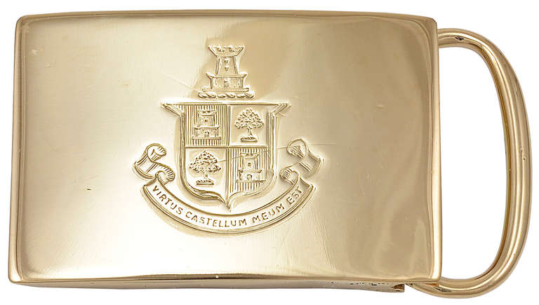 Distinctive antique 14K  gold belt buckle made by Tiffany & Co. Hand engraved
with a crest and text: 