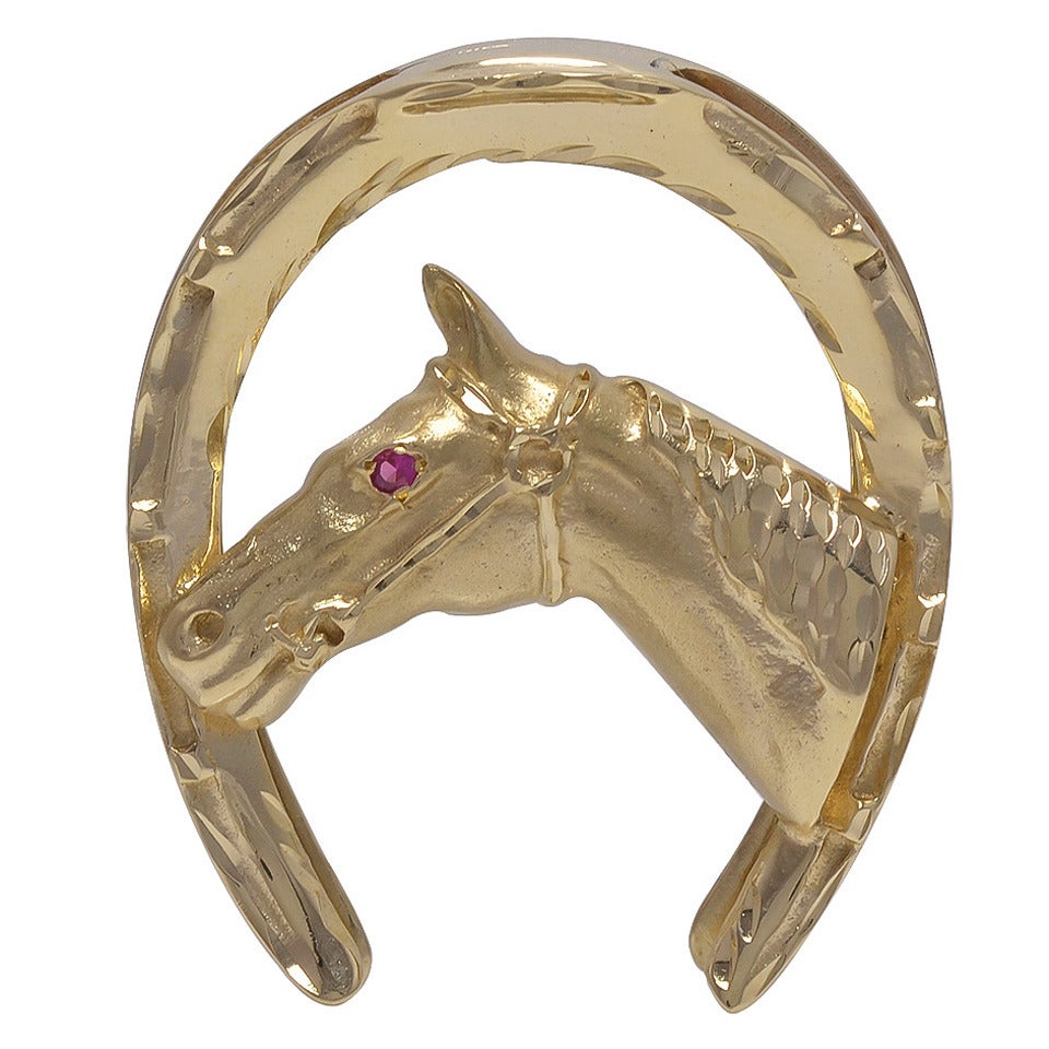 Large Gold Horse and Horseshoe Brooch