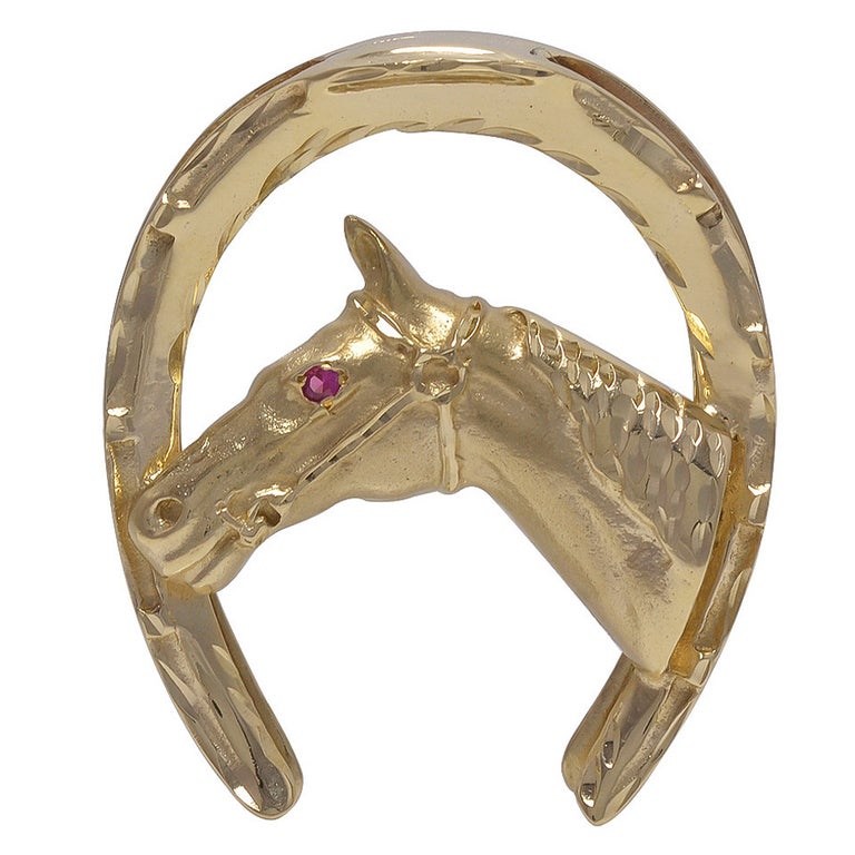 Large Gold Horse and Horseshoe Brooch For Sale
