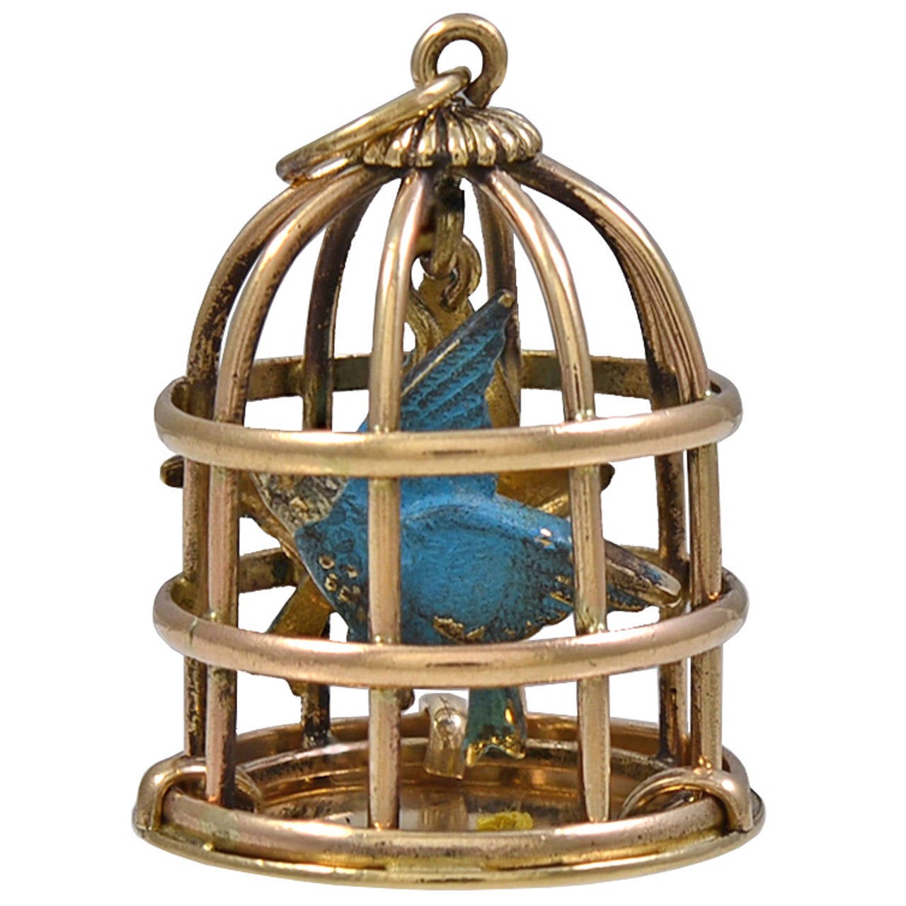Large Enamel Bird in a Golden Cage Charm