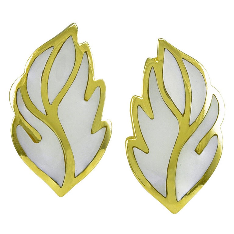 Tiffany and Co. Leaf Mother-of-Pearl Gold Earrings For Sale at 1stDibs