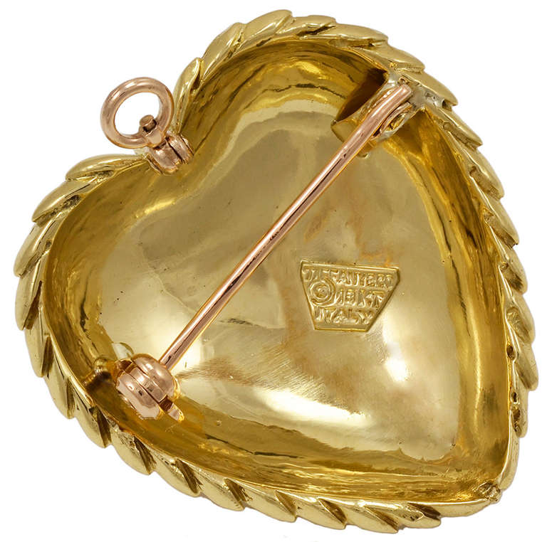 Three dimensional 18K gold  textured heart- shaped pin or pendant. Made and signed by Tiffany & Co. Heavy gauge gold. Not your typical 