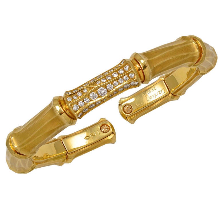 CARTIER Gold Bamboo Bangle Bracelet with Diamonds