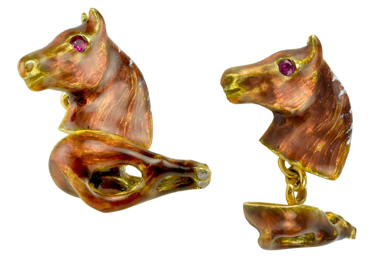 Brilliant Cut Horse Head and Tail Enamel Gold Cufflinks For Sale
