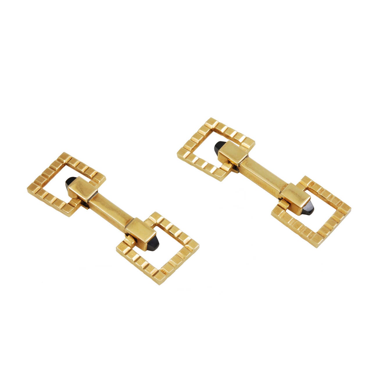 Onyx Fluted Square Flip-Up Gold Cufflinks For Sale