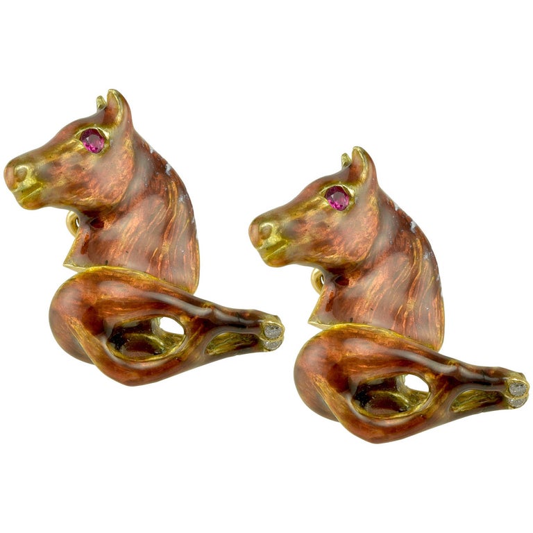 Horse Head and Tail Enamel Gold Cufflinks For Sale