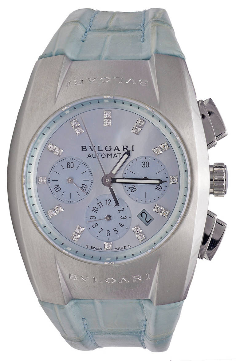 Bulgari lady's stainless steel Ergon chronograph wristwatch, 35mm, blue mother-of-pearl dial with diamond markers, automatic movement, with blue crocodile strap, circa 2009.