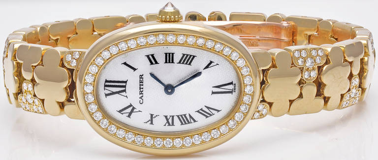 Cartier Lady's Rose Gold and Diamond Baignoire Wristwatch with Bracelet In Excellent Condition In New York, NY