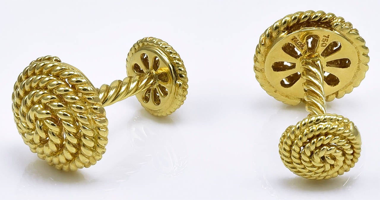 Very handsome swirl pattern cufflinks. Made and signed by Tiffany & Co. 18K yellow gold. A crisp, polished look. Easy to put on. No longer made.

Alice Kwartler has sold the finest antique gold and diamond jewelry and silver for over 40 years.