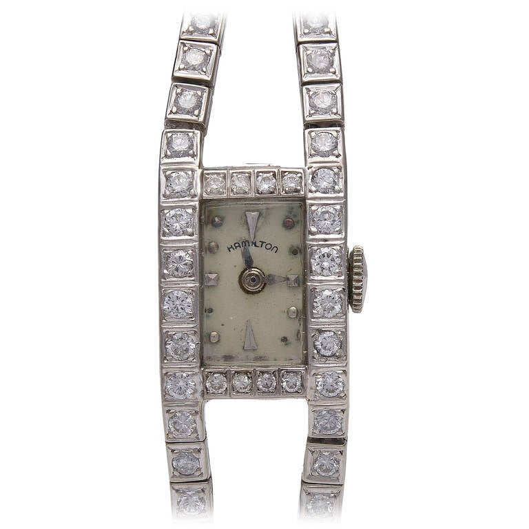 Hamilton Lady's White Gold and Diamond Art Deco Double Line Bracelet Watch