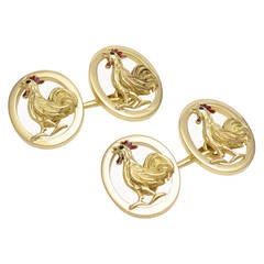 Antique Rooster Enamel Gold Figural Cufflinks