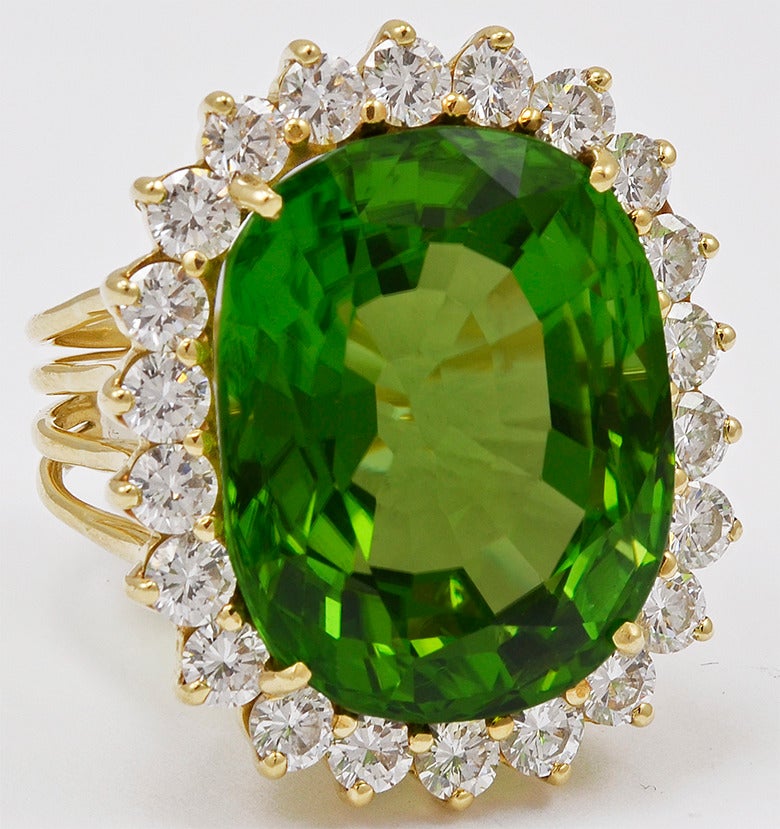 Peridot and Diamond Large Cocktail Ring In Excellent Condition In New York, NY