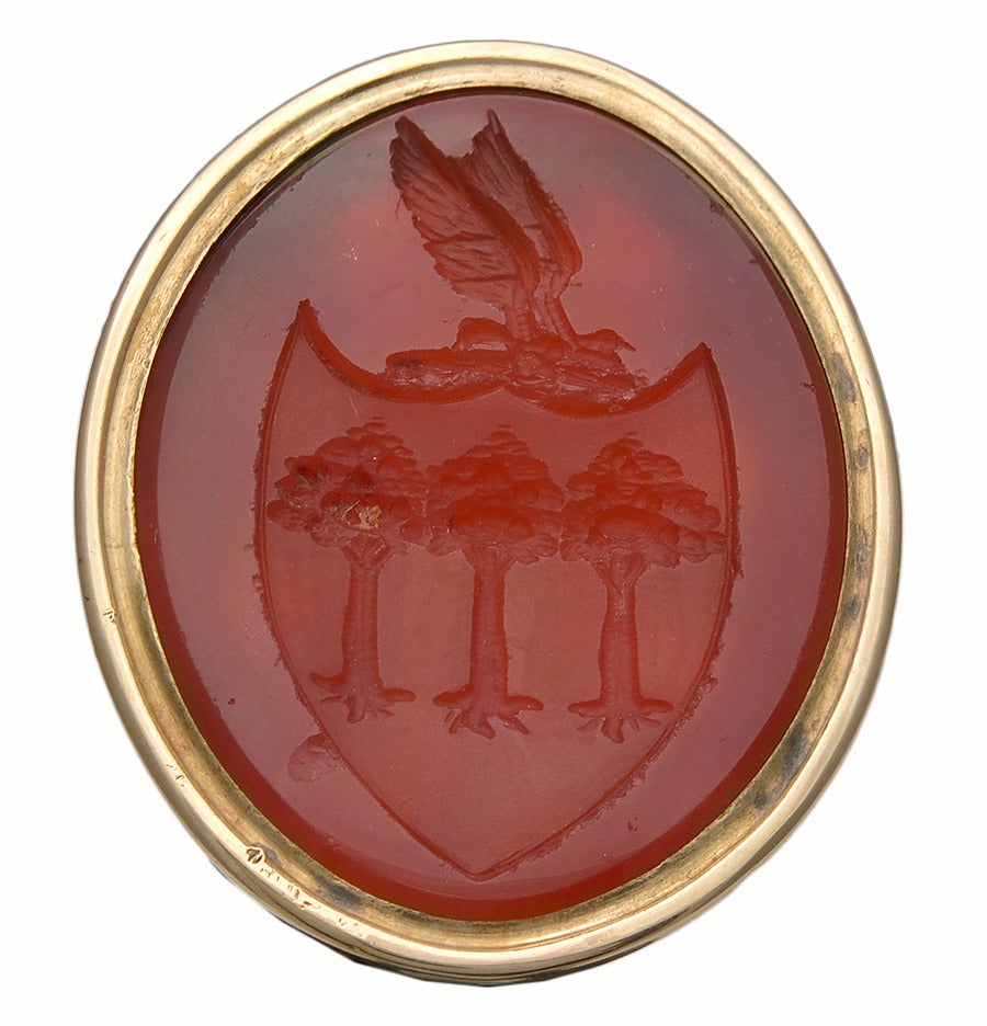 Large watch fob/seal.  15 ct. yellow gold with carved carnelian crest.  Made in England c. 1890.  1 1/2 