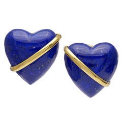 Vintage Seaman Schepps Lapis Gold Heart Ear Clips