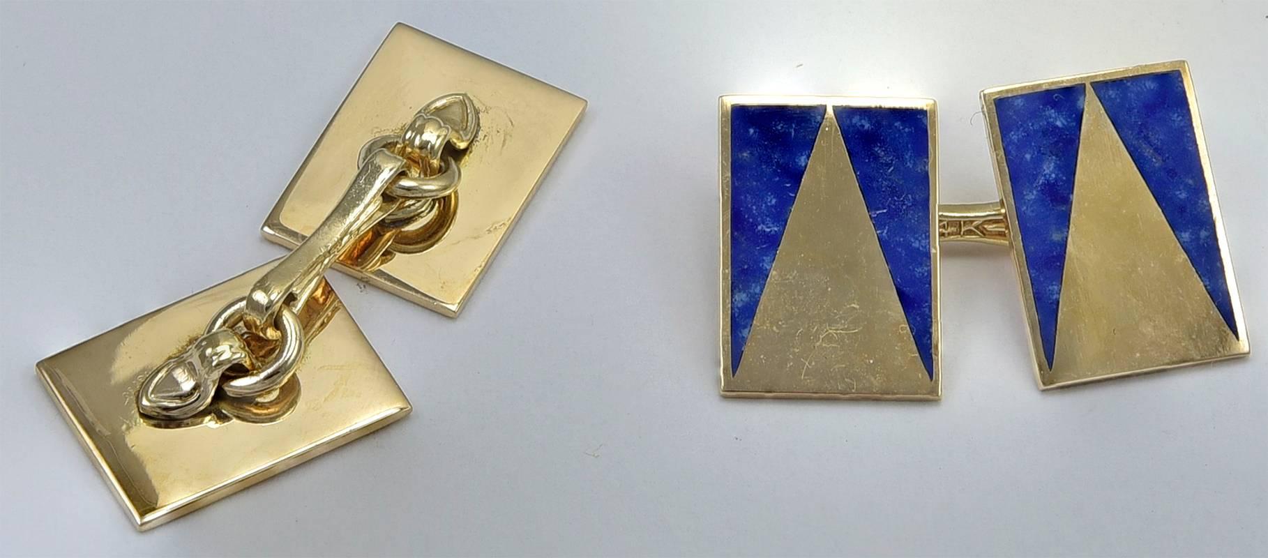 Very attractive double-sided cufflinks. 14K yellow gold. Rectangular with inlaid lapis Art Deco design. 2/3