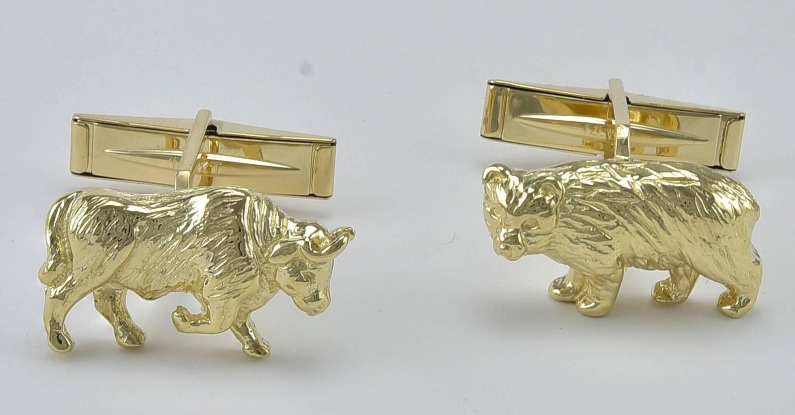 Figural bull and bear cufflinks. 14K textured yellow gold. Good subject; well done.

Alice Kwartler has sold the finest antique gold & diamond jewelry and silver for over 40 years.
