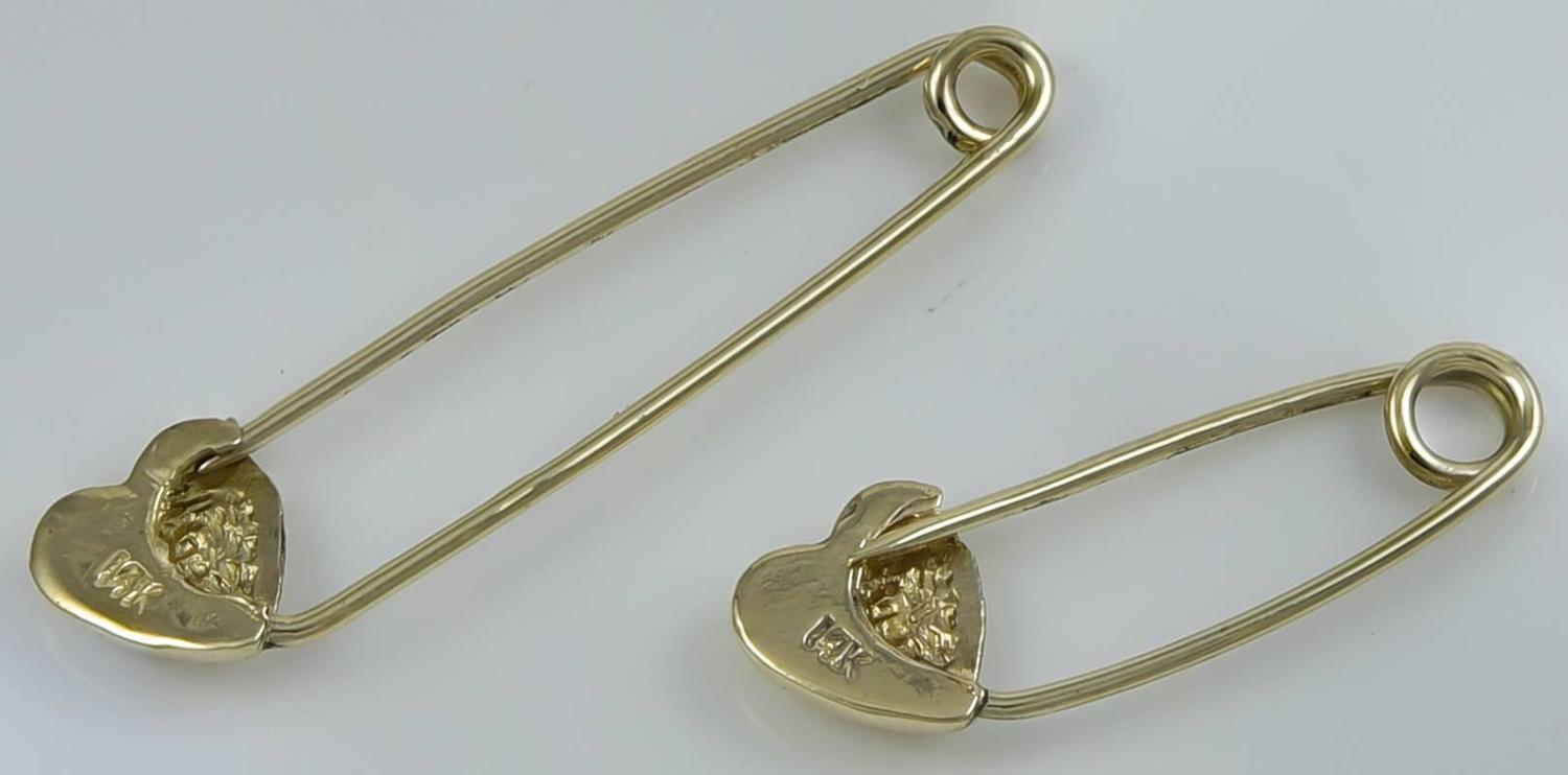 Two Gold Safety Pins with Hearts at 1stdibs