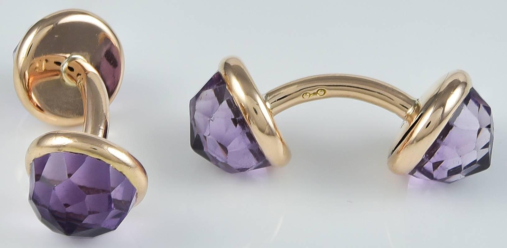 Antique double-sided cufflinks. Faceted amethysts. Beautiful color, set in 14K yellow gold. 1-1/4