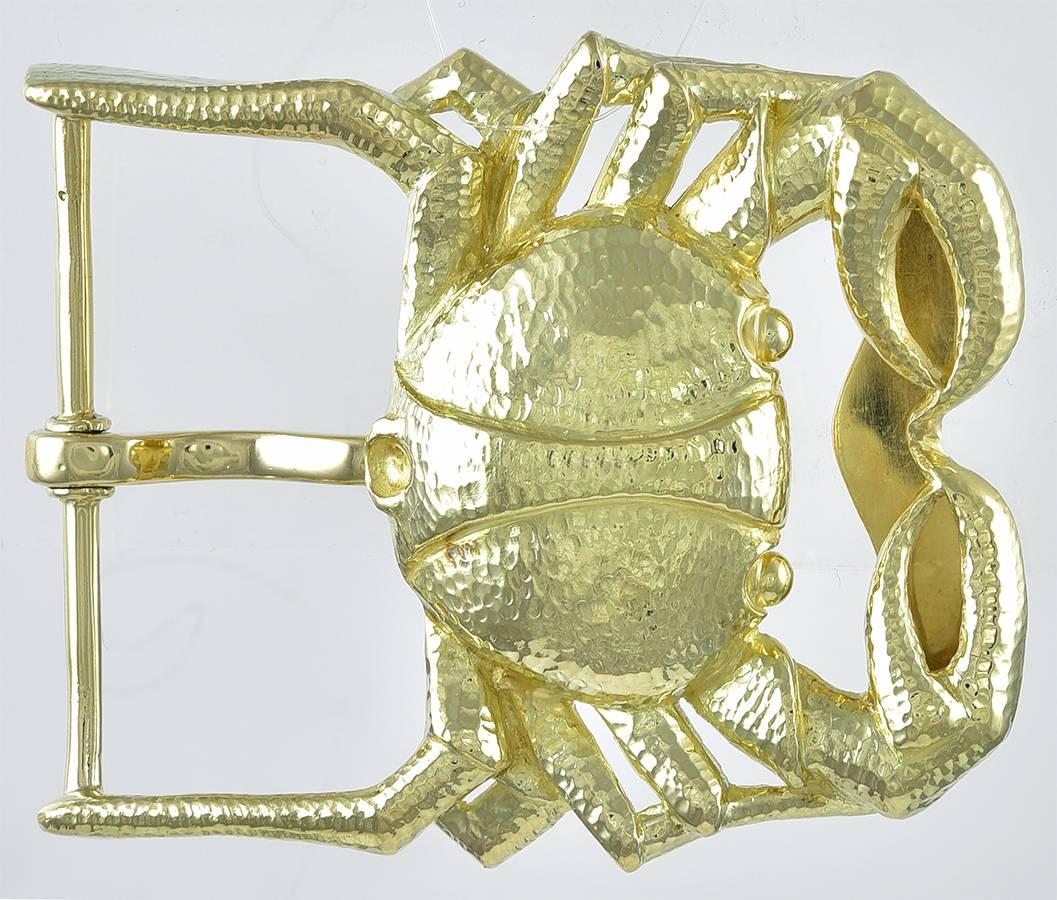 Large heavy gauge 18K yellow gold figural crab belt buckle. Made & signed by David Webb. Beautiful, hand-hammered finish. 2`3/4