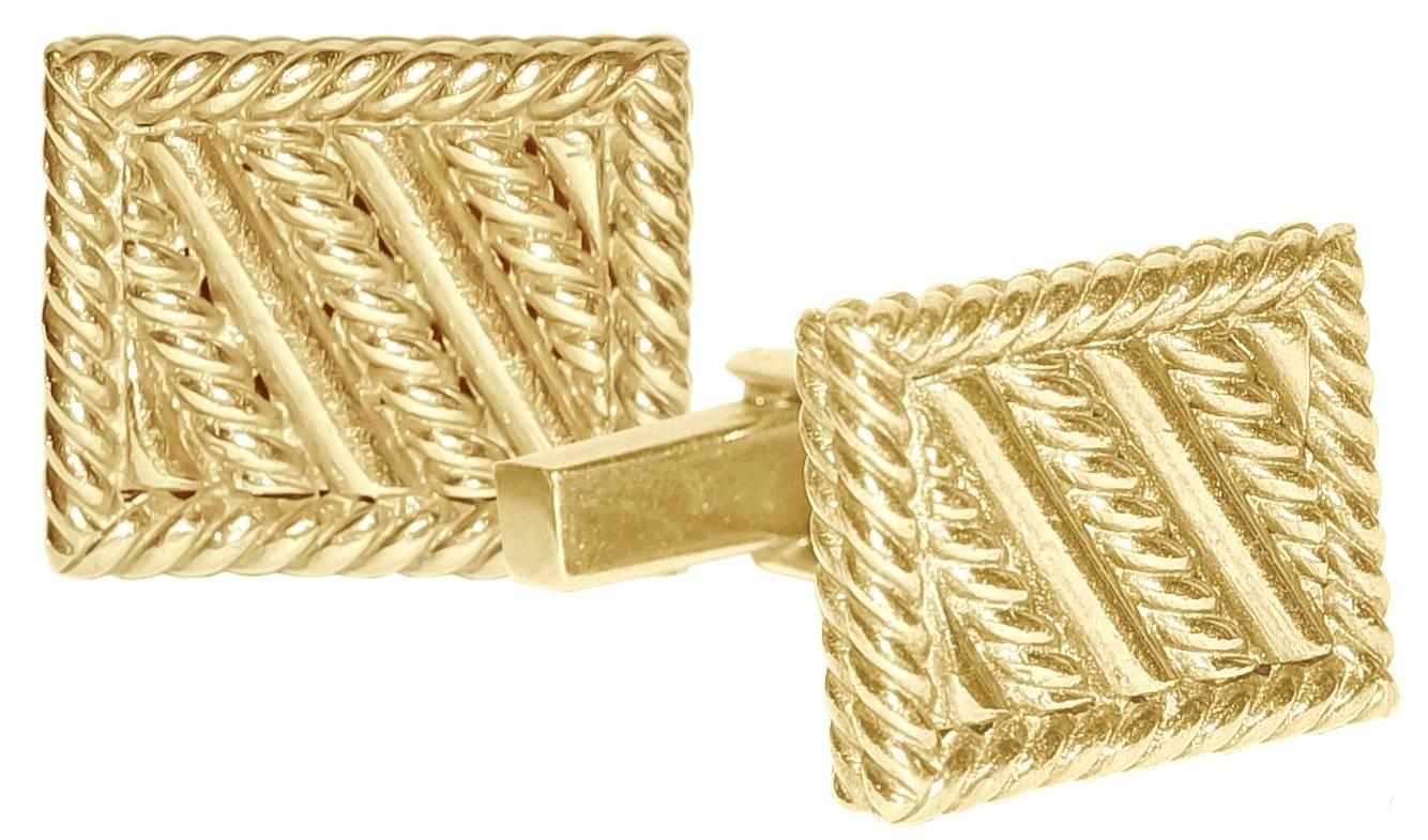 Solid and distinctive 18K yellow gold cufflinks. Made & signed by Tiffany & Co. Heavy gauge gold. Double rope border with bold, diagonal applied lines. Very handsome.

Alice Kwartler has sold the finest antique diamond and gold jewelry and silver