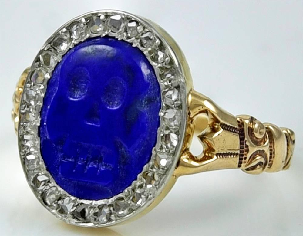 Antique Lapis Gold Platinum Skull Ring In Excellent Condition In New York, NY
