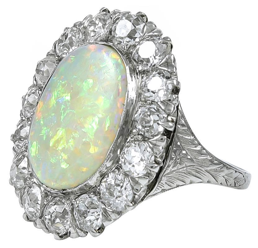 Spectacular Antique Opal Diamond Platinum Ring In Excellent Condition In New York, NY